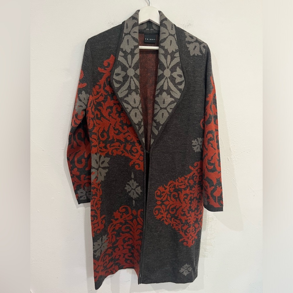 Tribal Wool Blend Gray and Rust Sweater Coat Size Medium